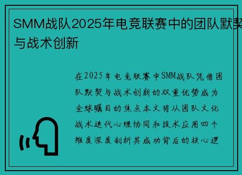 SMM战队2025年电竞联赛中的团队默契与战术创新